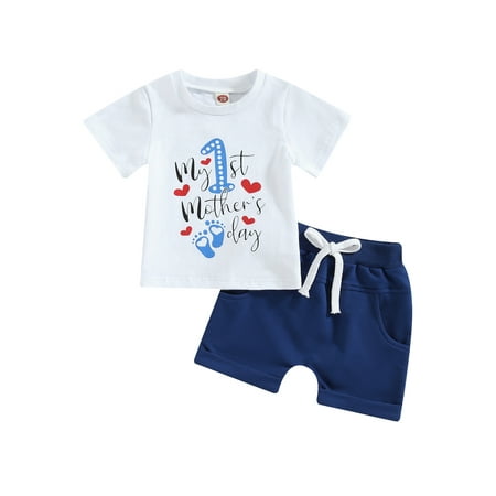 

My First Mother s Day Baby Boys Outfits Letter Print Short Sleeve T-shirt and Casual Elastic Shorts 2Pcs Summer Clothes Set