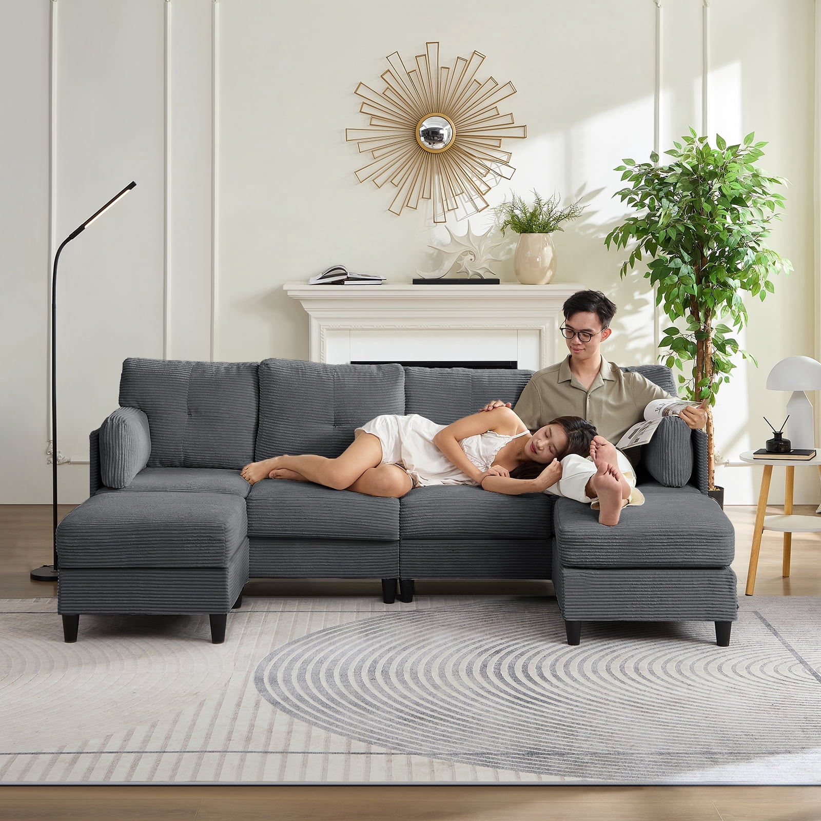 ZAFLY U Shaped Sectional Sofa with Movable Ottoman, Corduroy Sectionals for Living Room - Dark Gray