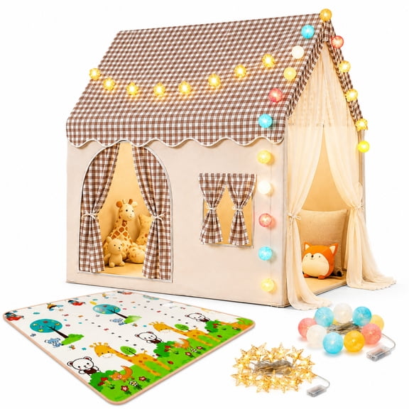 INSMART Kids Play Tent with Crawling Mat and Lights Set Large Indoor Playhouse Castle Foldable Gift for Boys and Girls