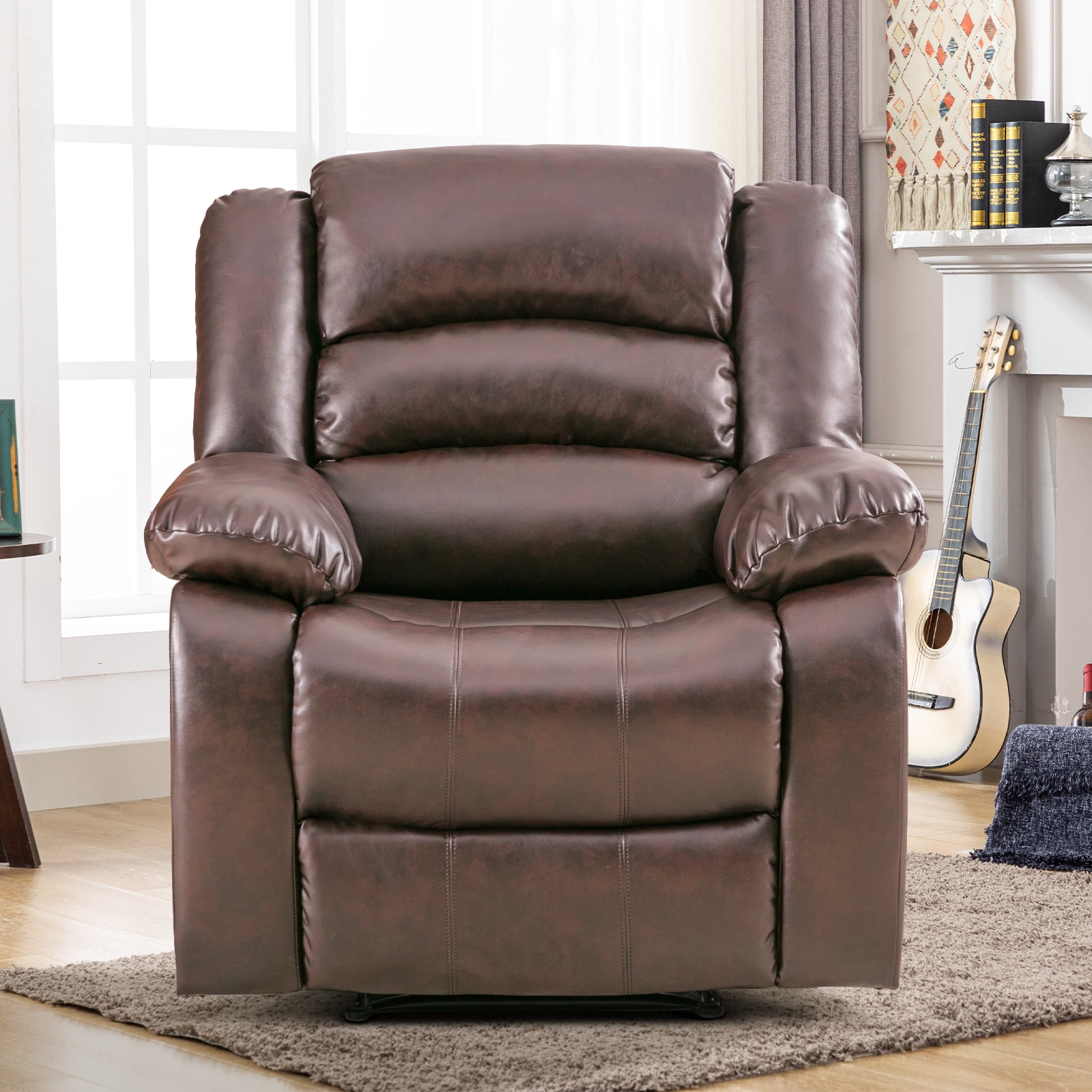 Bonzy Home Recliner Comfortable Arms and Back Faux Leather Single Reclining Modern Chair Sofa for Living Room Bedroom, Brown