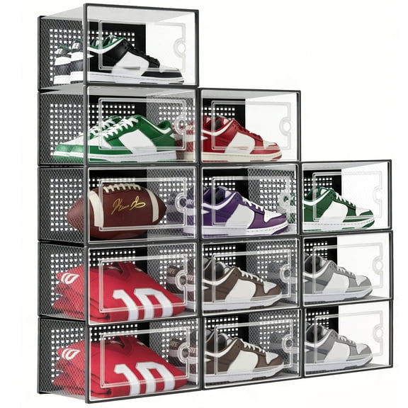 cisilov Stackable Shoe Storage Boxes 12 Pack, Clear Plastic Sneaker Containers, Versatile Storage Bins for Closet, Entryway, Under Bed, Black