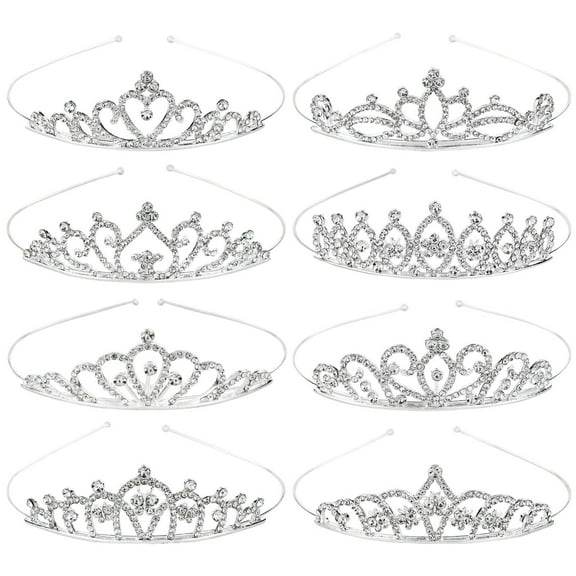8Pcs Silver Metal Sparkly Glitter Rhinestone Crown Headbands Princess Hair Tiara