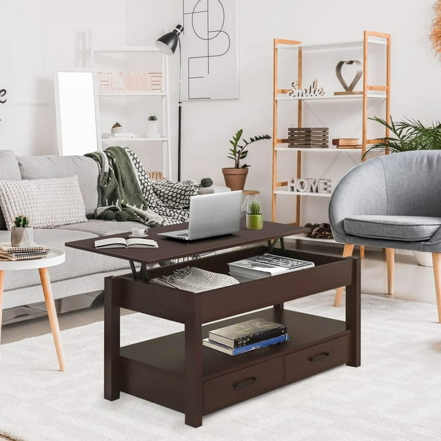 Table Basse à Plateau Relevable à 2 Tiroirs avec Compartiment Caché et Étagères de Rangement