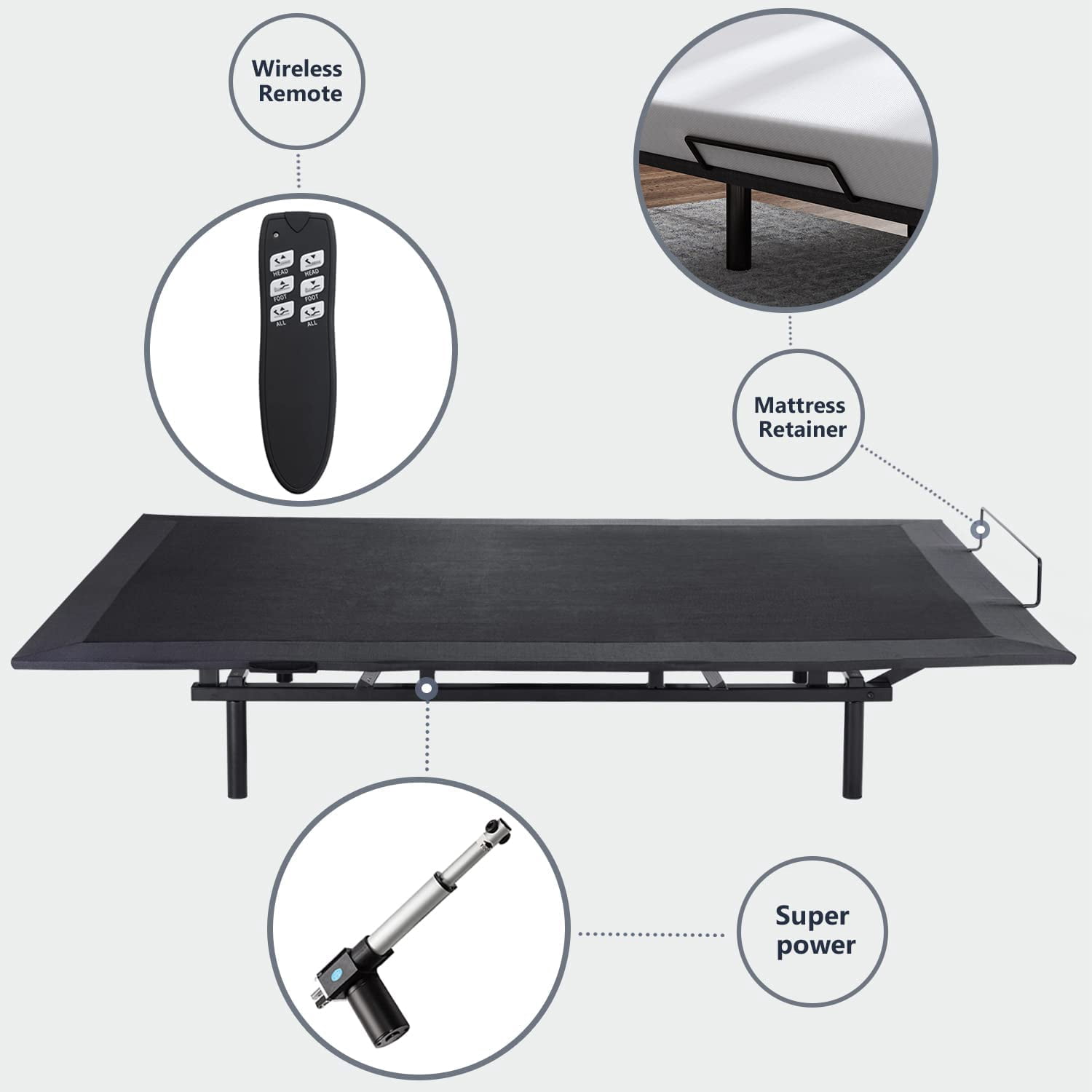 Allewie Upholstered Full Size Adjustable Bed Base Frame with Upgraded Motor 2.0, Independent Head & Foot Incline, Wireless Remote Control