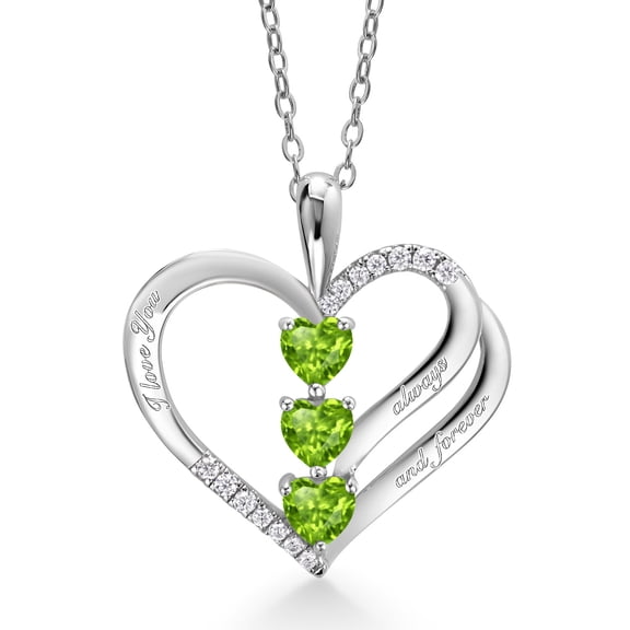 Gem Stone King 925 Sterling Silver Heart Shape Green Peridot and White Moissanite "I love you always and forever" Pendant Necklace for Women (1.00 Cttw, with 18 inch Silver Chain)