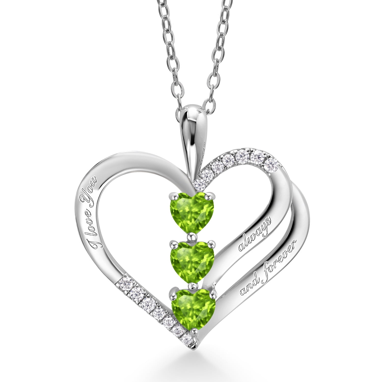Gem Stone King 925 Sterling Silver Heart Shape Green Peridot and White Moissanite "I love you always and forever" Pendant Necklace for Women (1.00 Cttw, with 18 inch Silver Chain)