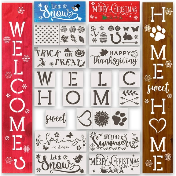 Stencils for Painting on Wood Reusable, seasonal Large 23 Pcs. Set, Welcome Stencil, Cursive Letters & Designs