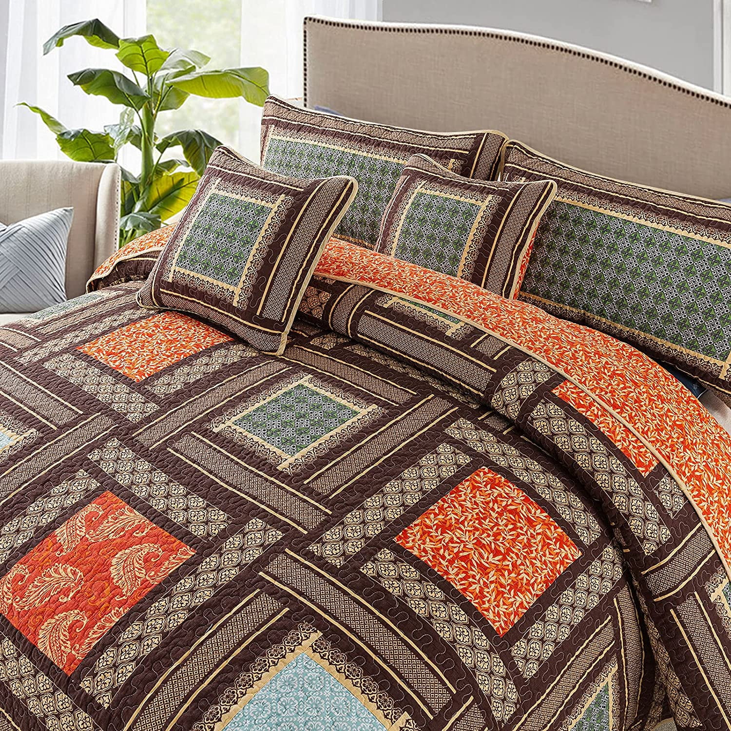 Nordmiex Patchwork Cotton Quilt Set Bohemian Farmhouse Bedding Set, Queen