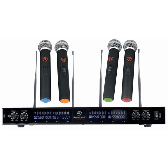 Rockville RWM90U Quad UHF Wireless Microphone System (4 Mics), LCD Display, Metal Casing, 467-491 MHz, 400 ft Range Indoor, Automatic Pairing, for Events and Performances