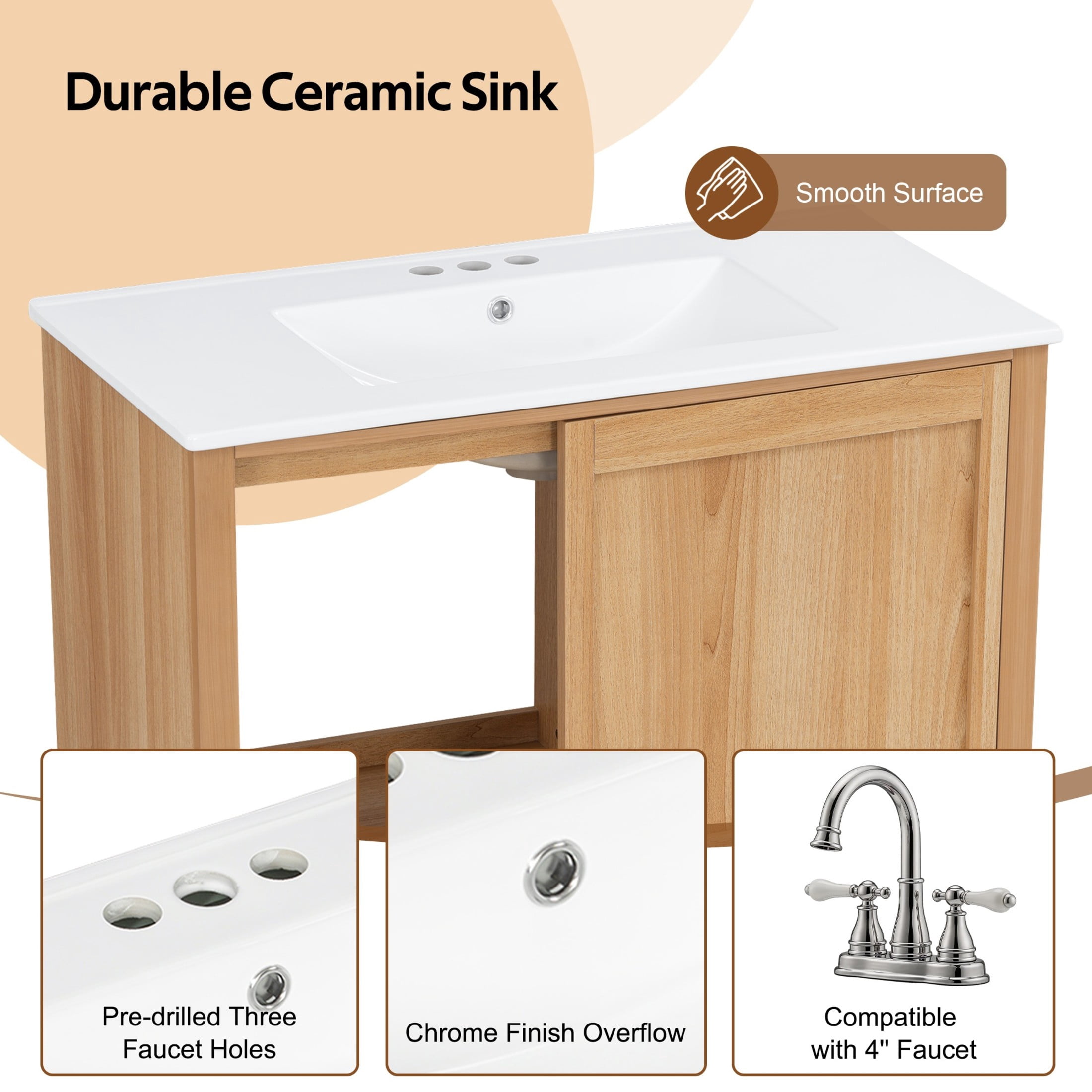 Christopher Knight Home 36" Bathroom Vanity with Ceramic Sink, 2 Drawers, Sliding Cabinet Door, Natural