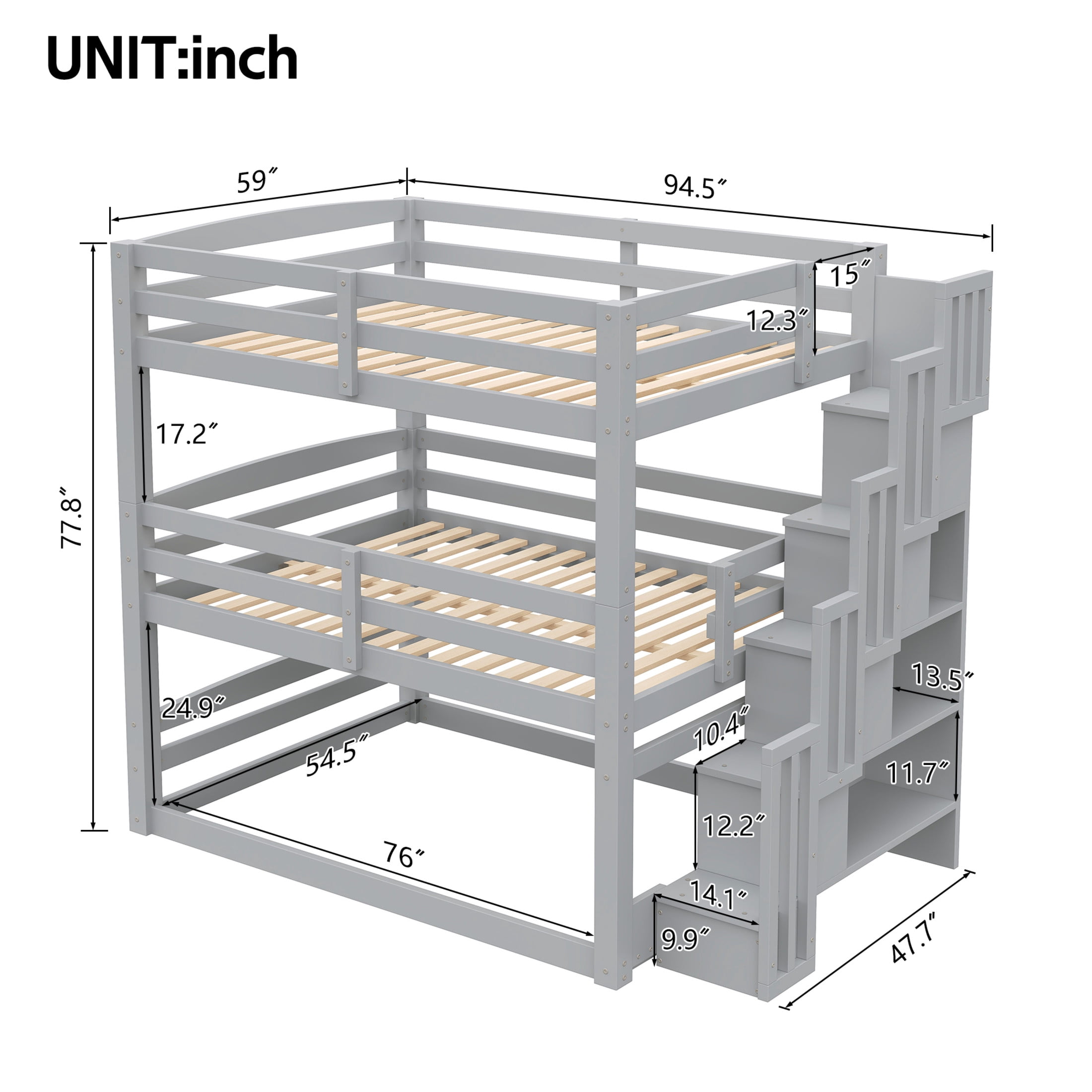 Noble House Full Size Triple Bunk Bed with Storage Staircase, Modern Convertible 3-in-1 Design, Space Saving, Gray