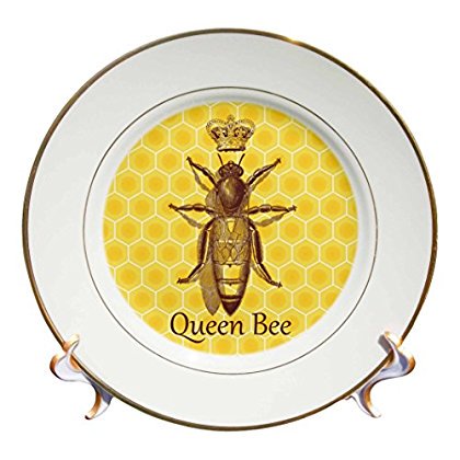 3dRose Stately Queen Bee with Royal Crown over Yellow Honeycomb, Porcelain Plate,