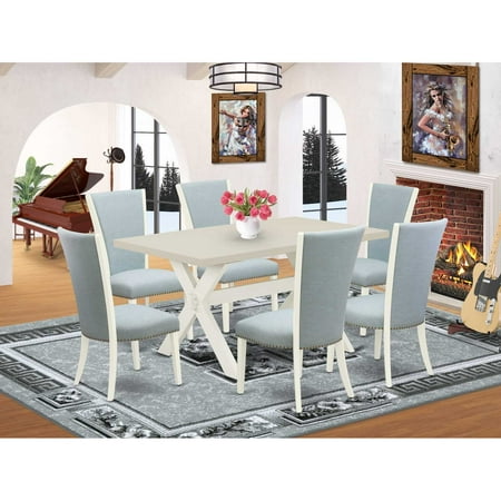 East West Furniture X026VE215-7 7 Piece Mid Century Dining Set – 6 Baby Blue Linen Fabric Kitchen Chair with Nailheads and Linen White Wooden Dining Table – Linen White Finish East West Furniture X026VE215-7 7 Piece Mid Century Dining Set – 6 Baby Blue Linen Fabric Kitchen Chair with Nailheads and Linen White Wooden Dining Table – Linen White Finish