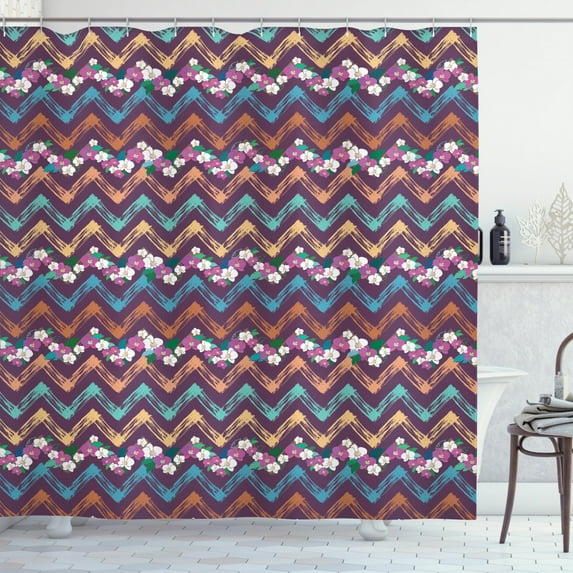 Colorful Shower Curtain, Natural Theme Orchids with Wavy Lines Abstract Zig Zag Shapes, Fabric Bathroom Set with Hooks, 69W X 70L Inches, Fuchsia Sea Blue and Pale Rust, by Ambesonne