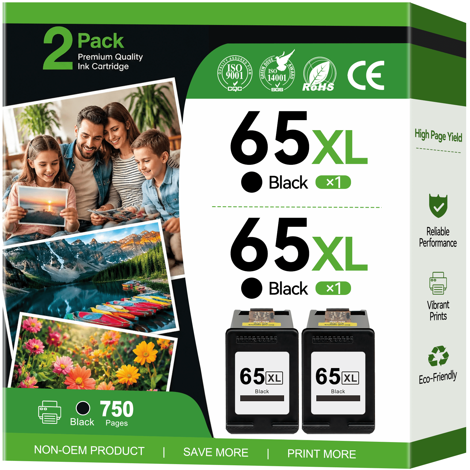 Kingjet 65XL Black Ink Cartridges 2-Pack for HP