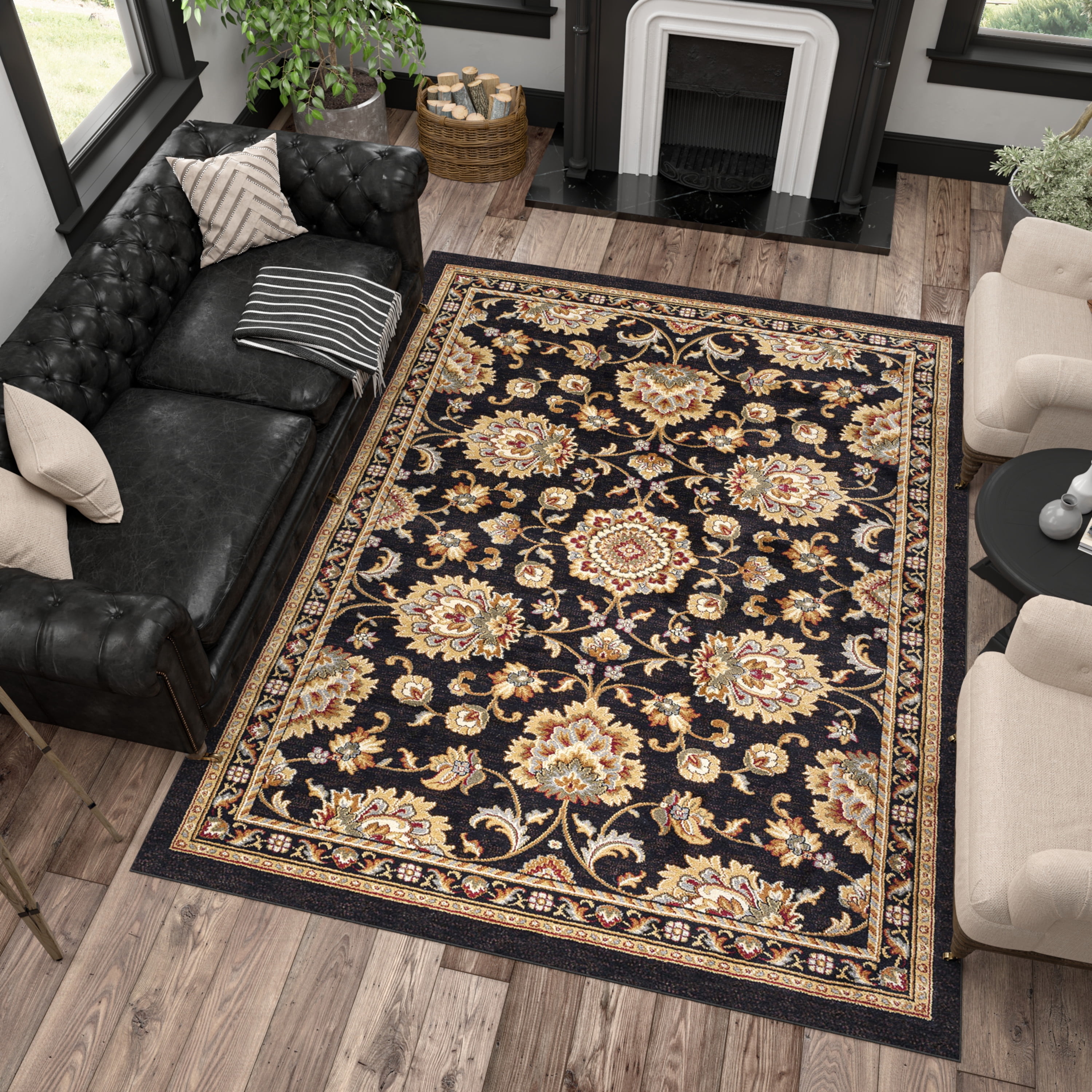 Sensation Traditional 2' x 3' Black and Gold Polypropylene Indoor Area Rug