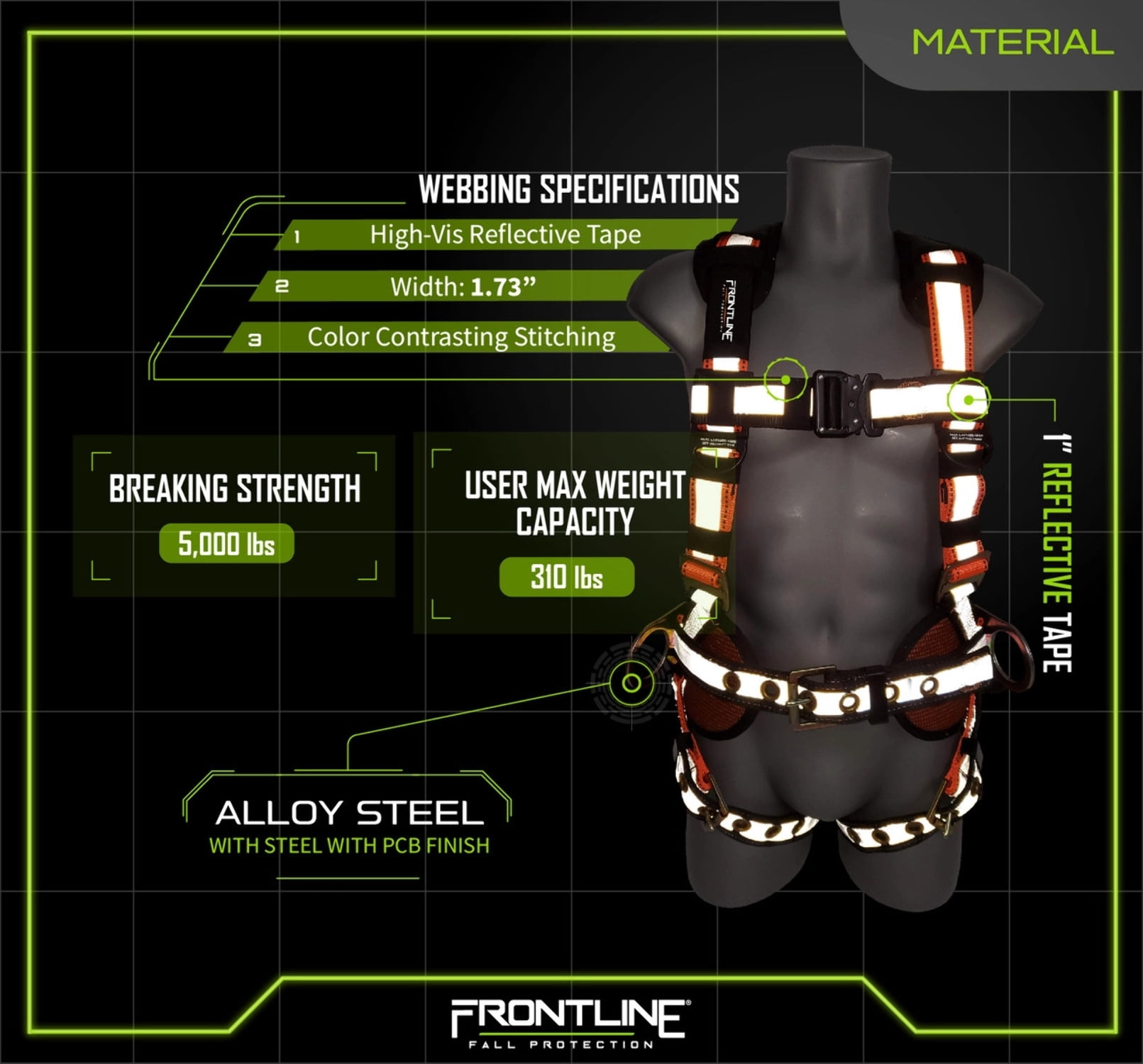 Frontline Fall Protection 100RCTB Combat Reflective Construction Full Body Harness with Tongue Buckle Legs and Trauma Straps | 5 Points of Adjustability | Positioning Belt | OSHA & ANSI Comp