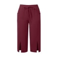 thumbnail image 4 of Qiopertar Women's Casual 3/4 Length Drawstring Pants Summer Relaxed Solid Color Elastic Waist Pull-On Pants with Pockets and Slit Hem, Wine XL, 4 of 6