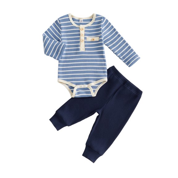 Cjfdfy Newborn Baby Boys Fall Outfits Striped Waffle Knit Long Sleeve Striped Romper With Elastic Waist Solid Pants 2Pcs Infant Fall Winter Outfit Coming Home Outfit 0-18M