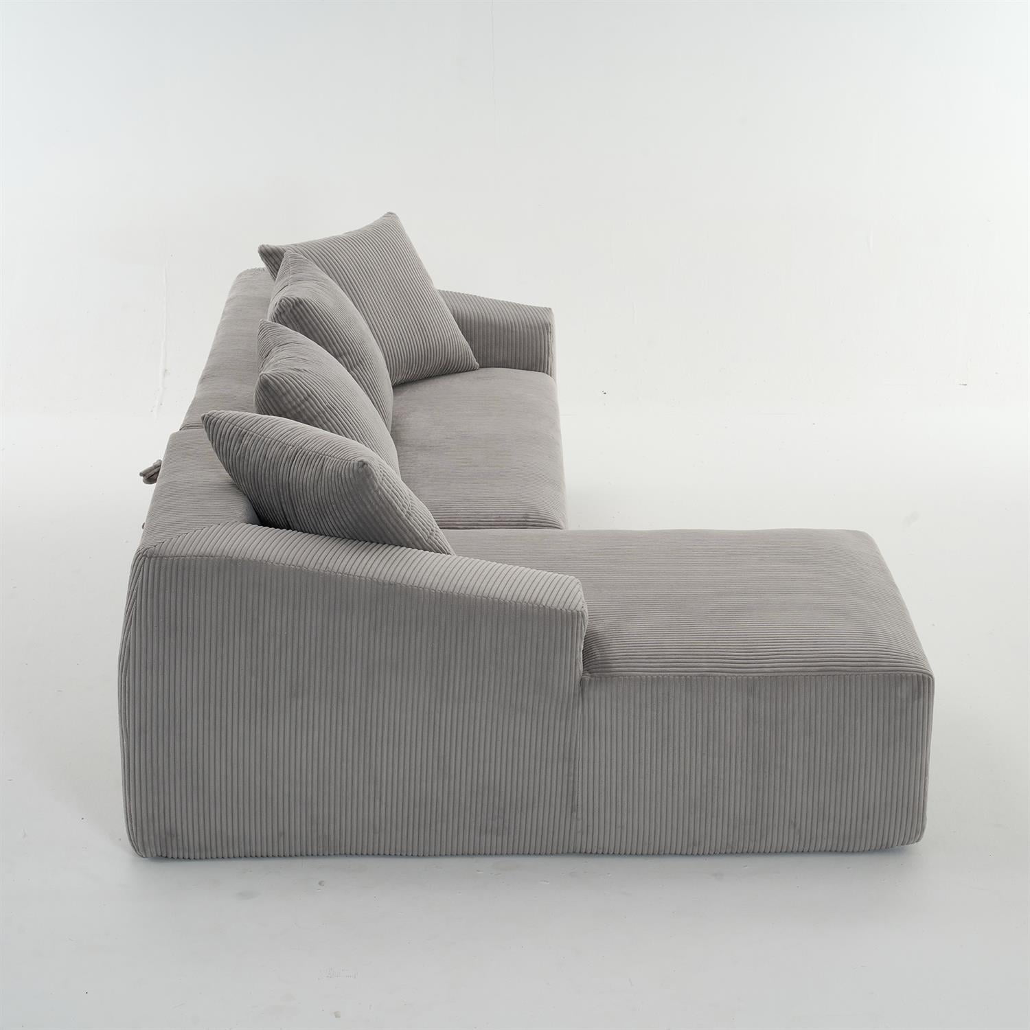 Demi Bonn 101" Corduroy Compression Sofa with Chaise Lounge, 3-Seater Couch with Full Sponge Cushion & 4 Pillows, Ideal for Living Room, Light Gray