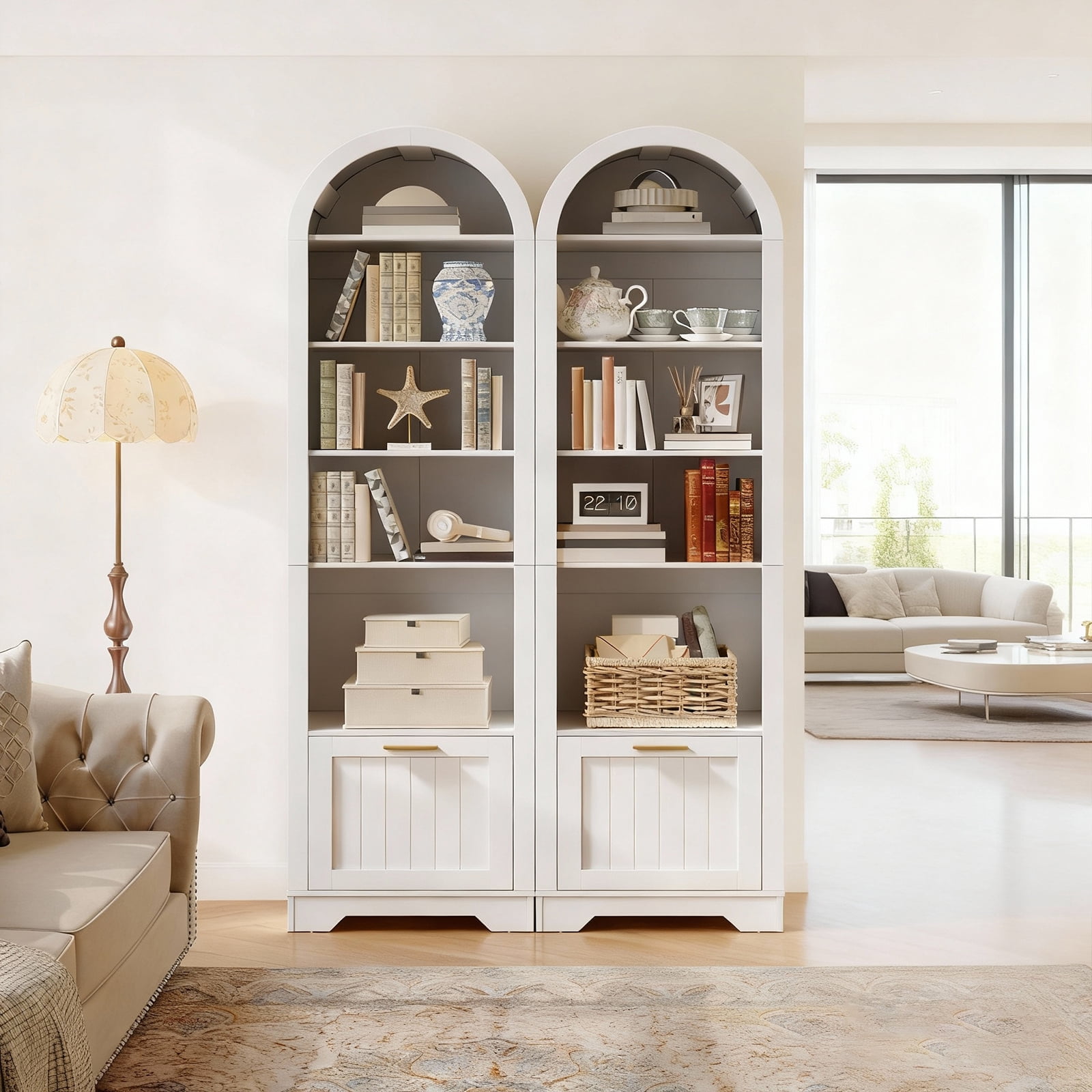 HOOBRO 6-Tier Arched Bookcase with File Drawer & Adjustable Shelves, White