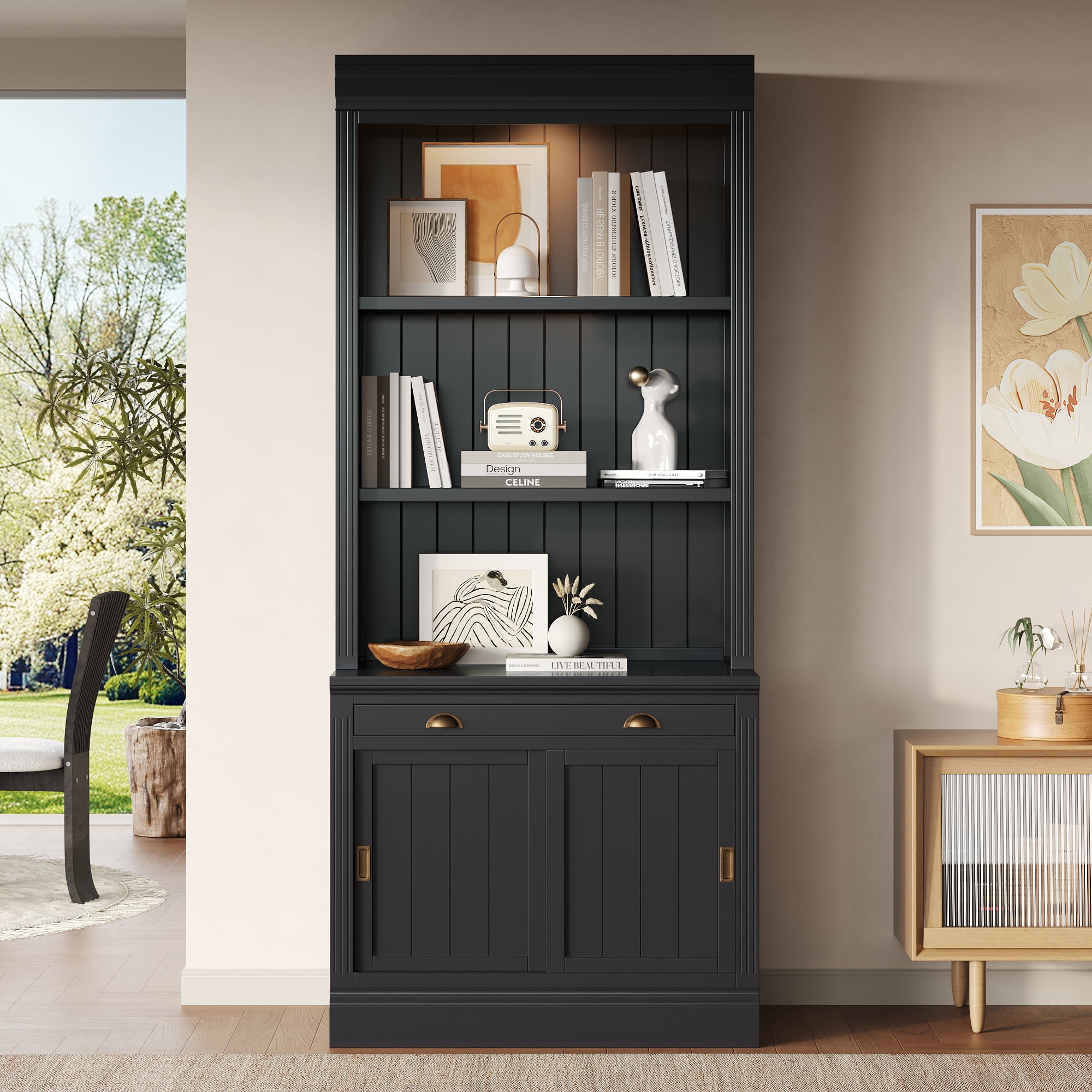 Harper & Bright Designs Tall Wood Bookshelf, Bookcases with Sliding Doors and Drawers, Storage Bookcase with LED Lighting and Open Shelves, Black
