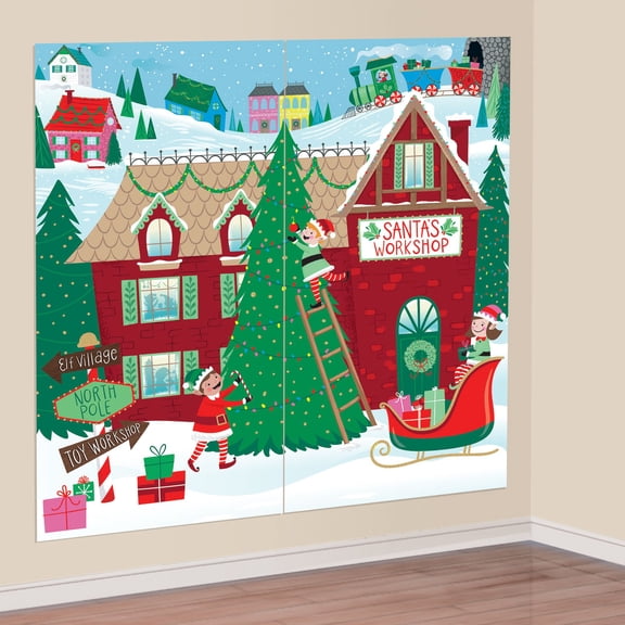 SANTA'S WORKSHOP Wall Scene Setter Christmas Party Decorations North Pole Toys