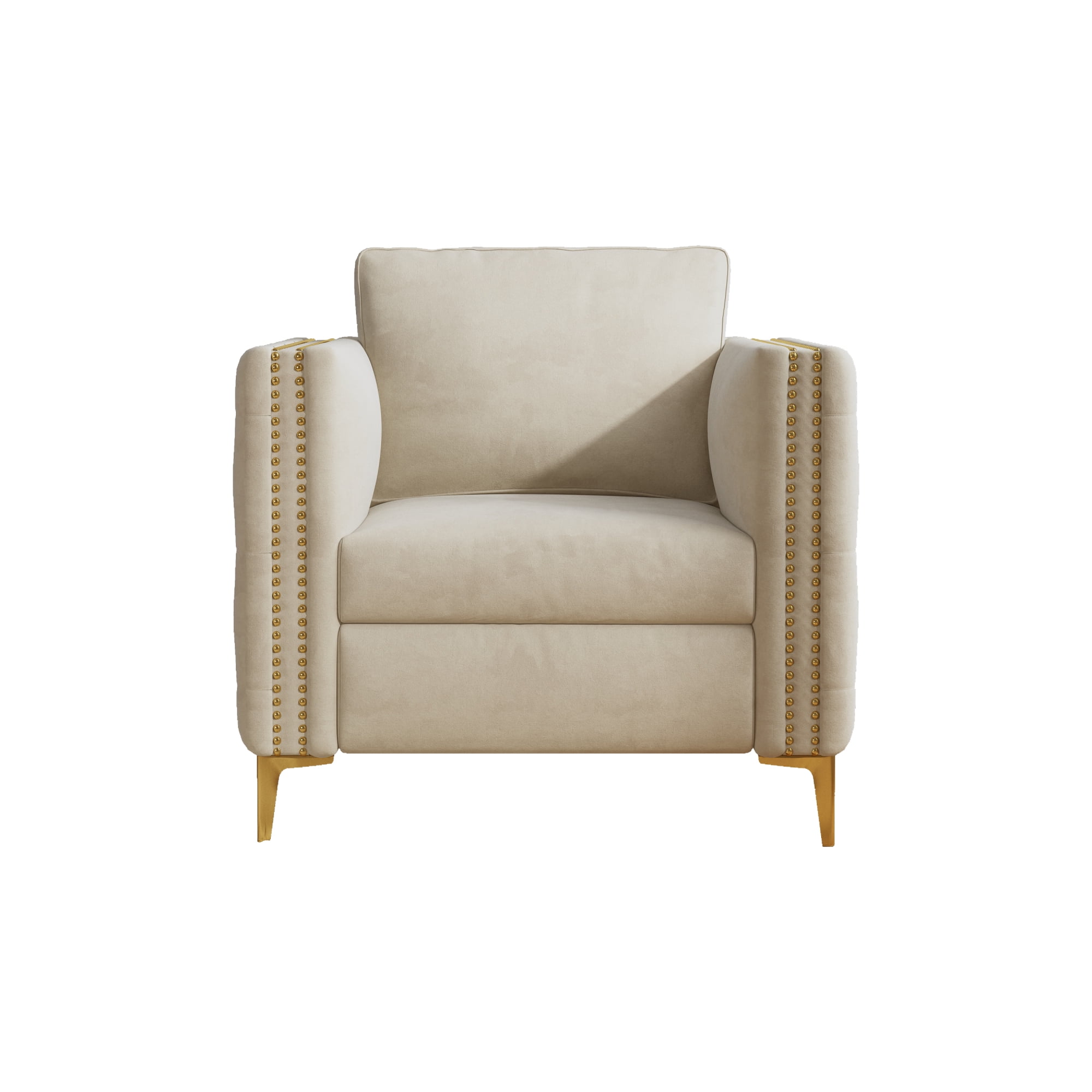 Modern Upholstered Accent Chair,Velvet Armchair with Rivet Design and Metal Leg,Single Sofa Chair for Living Room Bedroom Playroom,Beige