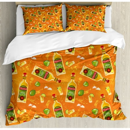 Tequila Duvet Cover Set King Size, Pattern of Alcoholic Drink Bottles Shot Glasses and Limes, 3 Piece Bedding Set with 2 Pillow Shams, Orange Olive Green Vermilion Mustard, by