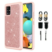 Value Pack   for Samsung Galaxy A51 5G (NOT FIT SAMSUNG A51) with Tempered Glass Glitter Hard Case Hybrid Cell Phone Case Glitter Shock proof Edge Slim Bumper Scratch Cover (Rose Gold)