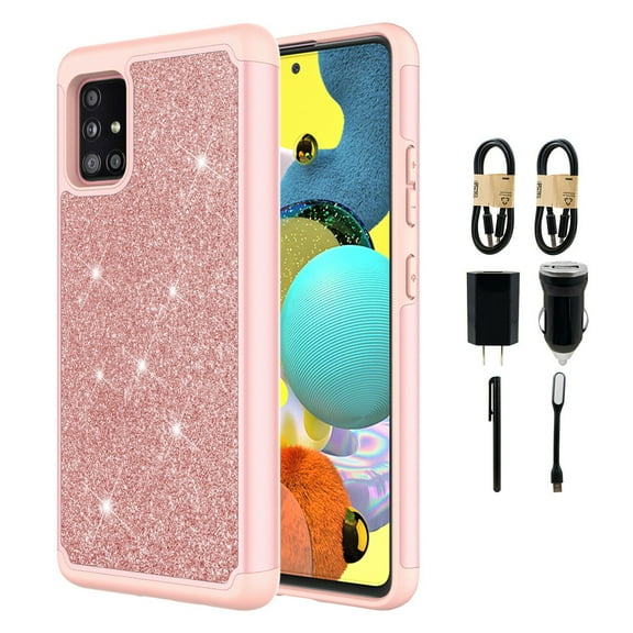 Value Pack for Samsung Galaxy A51 5G (NOT FIT SAMSUNG A51) with Tempered Glass Glitter Hard Case Hybrid Cell Phone Case Glitter Shock proof Edge Slim Bumper Scratch Cover (Rose Gold)