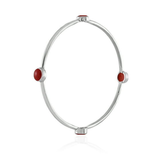 925 Sterling Silver Handmade Bangle with Natural Coral Gemstones – 7.5 mm Wide Bezel Set Red Stones – 11.35g Artisan Jewelry (2.375 Inches)