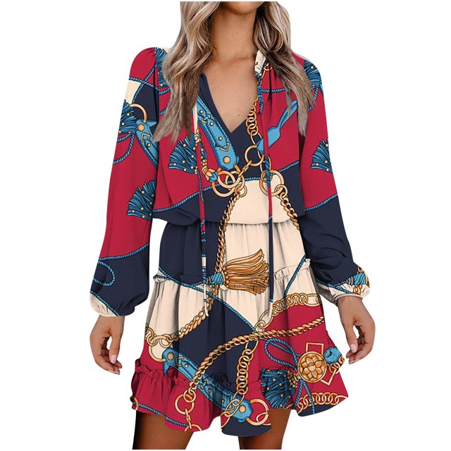 Vestido con cordones estampado de manga larga con cuello en V casual de moda para mujer Fridja yut4142