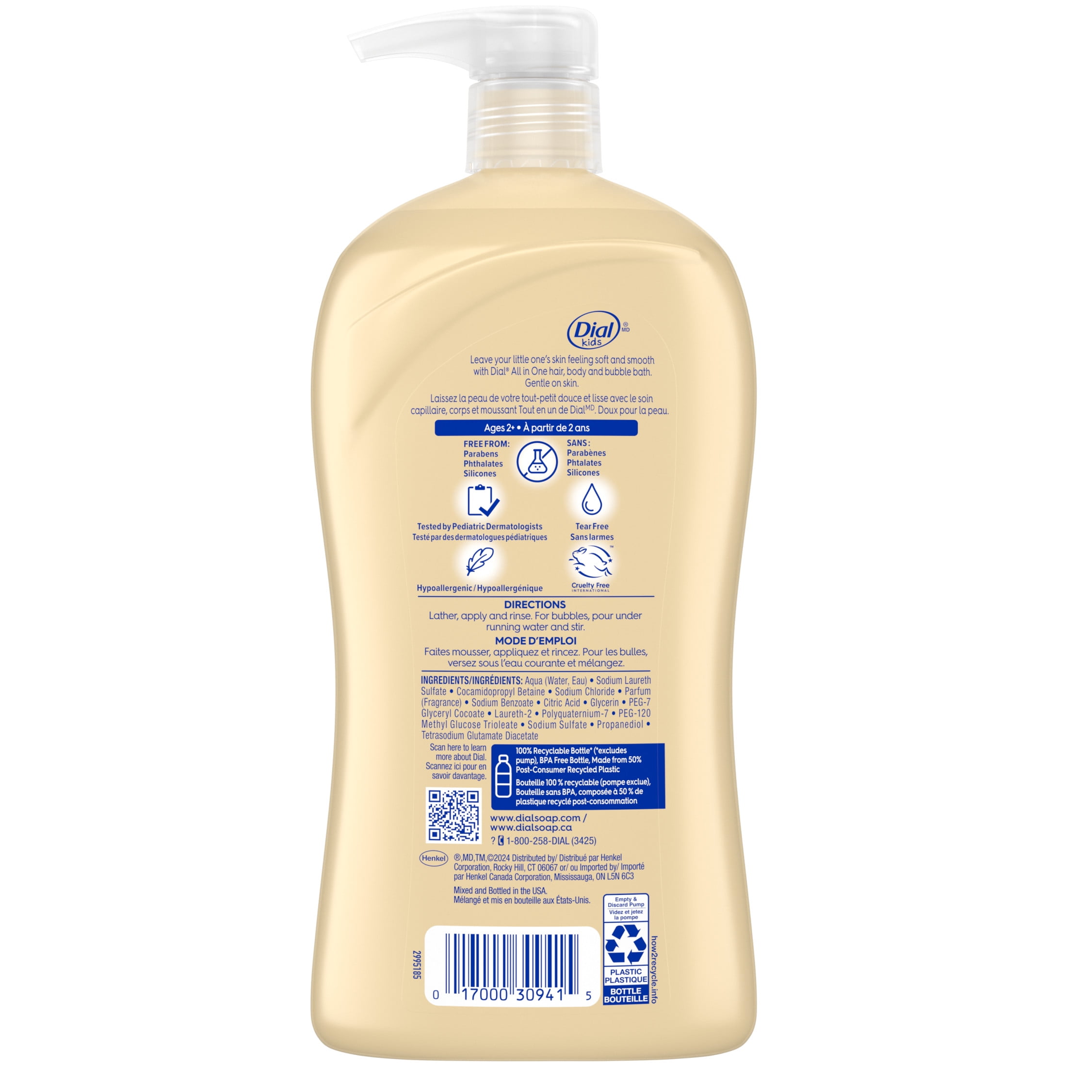 Dial Kids All-in-1 Body Wash, Hair Wash & Bubble Bath, Ages 2+, Tear-Free, Peach, 32 oz