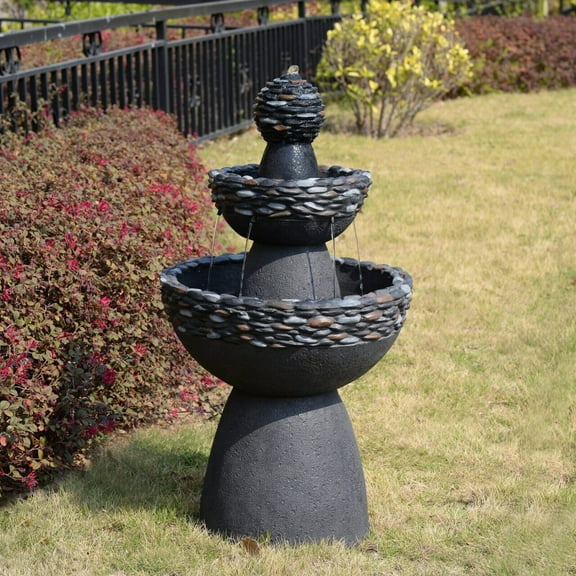 Teamson Home 3-Tier Zen-Style Outdoor Water Fountain–Realistic Stone Finish with Adjustable Flow & Electric Pump, Dark Gray