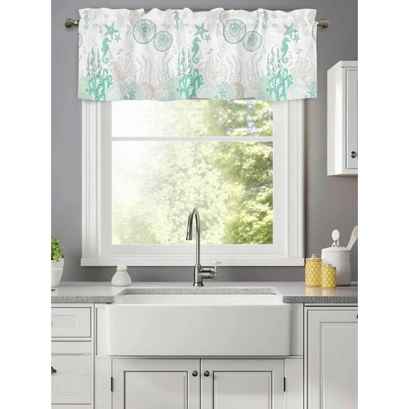 Curtain Valance for Windows,Ocean Coral Starfish Conch Seahorse Kitchen Valances Rod Pocket Short Curtains,Teal Marine Life Window Treatment Panel for Bedroom Bathroom 42x12in