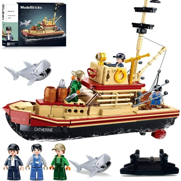 TRAHOO-City Jaws Fishing Boat Building Sets with Shark Toys, Builder Boat Building Toys with 3 Fisherman Minifigures Suitable for Adult and Kids, Compatible with Lego Boat Ship, 592 PCS