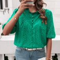 thumbnail image 2 of SWSMCLT Women's Short Sleeve Top Soft Casual Button Up Shirt Blouse Ruffle Puff Sleeve Embroidered Button Fall Green X-Large, 2 of 5