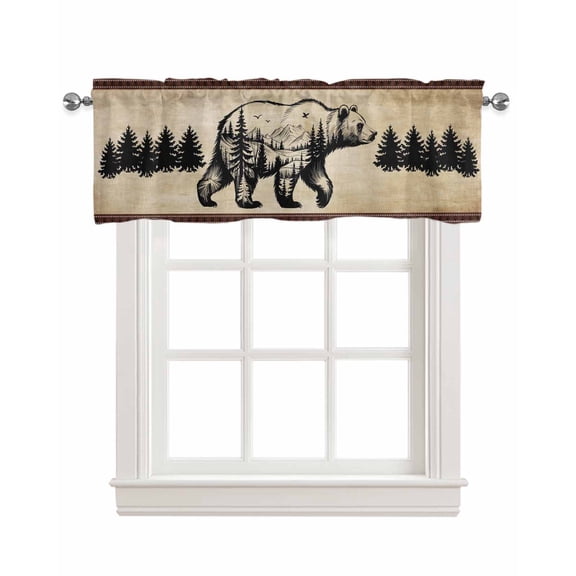 Brown Black Bear Kitchen Valances for Windows Farmhouse Linen Window Valance Curtain for Living Room Window Treatment Farmhouse Cabin Forest Vintage Valance Rod Pocket Topper Drape, 42 x 12 Inch