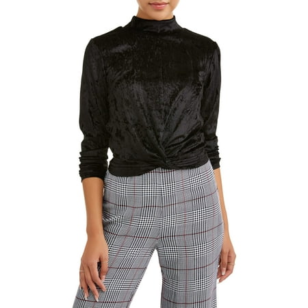 Eye Candy Juniors' Long Sleeve Mock Neck Twist Front Velvet Blouse