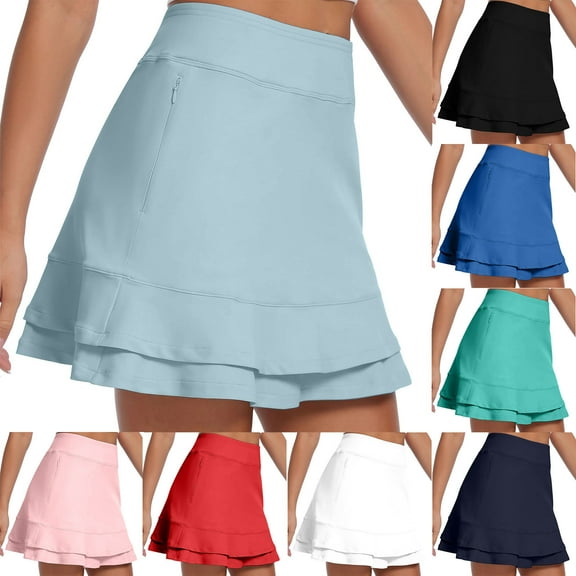 Frostluinai Golf Skorts Skirts for Women with Zipper Pockets Athletic Tennis Skorts High Waist Solid Casual Ruffle Skirt with Shorts