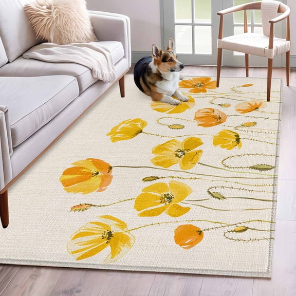 Area Rugs for Living Room Bedroom, Yellow Flowers 4'x6' Rug Washable Carpet Runner Indoor Outdoor, Farmhouse Botanical Watercolor Floral Non Slip Accent Floor Mats Rug for Kitchen, Office
