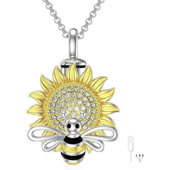 SOULMEET Bee Sunflower Cremation Urn Necklace for Ashes 925 Sterling Silver Heart Jewelry Human Keepsake Memorial Locket for Women Mom