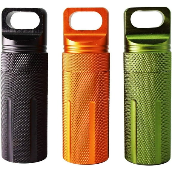 EDC Waterproof Case Military Level Survival Pill Match Case Box Container CNC Metal Seal Bottle Camping Essentials Tool, Survival Storage Container (Black Orange Green)