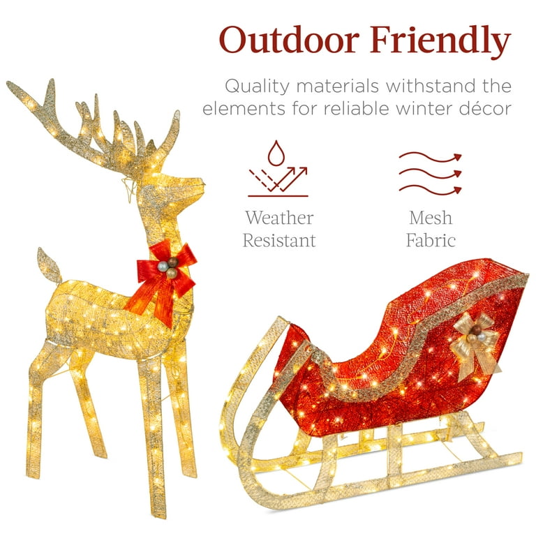 Iridescent Christmas Reindeer and Santa Sleigh Set - Lighted Christmas Yard  Decoration - Perfect for Indoor or Outdoor Lawn Ornaments (4ft w/ 140