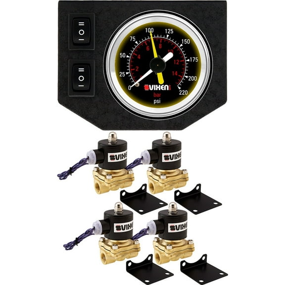 Vixen Air 3/8" NPT Electric Air Valve (Solenoid) 210PSI 12V (4-Pack) with 1 Dual Needle Gauge/2 Switch Dash Panel Kit Black VXF1G2038B
