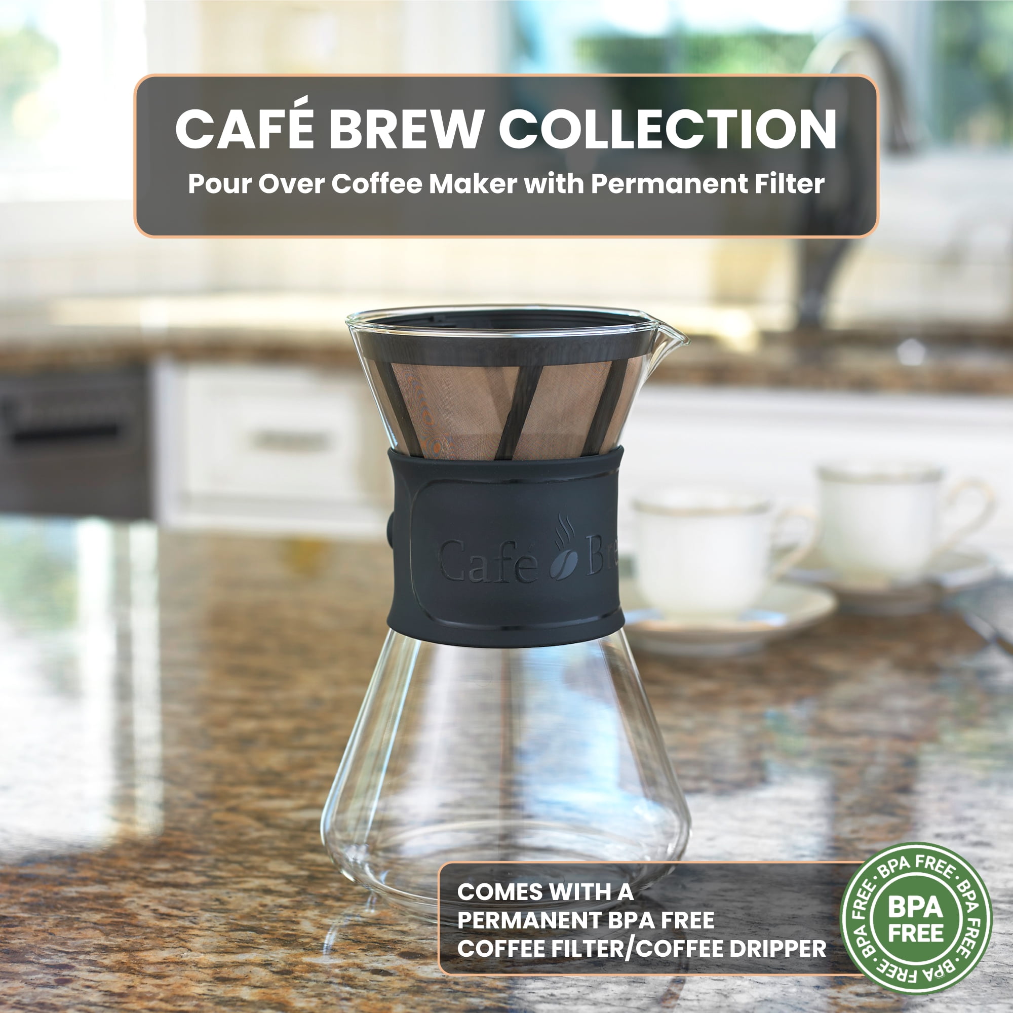 Pour Over Coffee Maker, 8 Cup/40 Ounce, Borosilicate Glass from Germany, Reusable Stainless Steel Filter, Black Silicone Grip