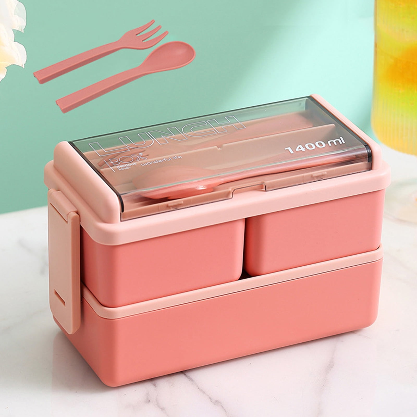 TBOLINE 1400ML Bento Box Plastic Double Layer Microwave Bento Boxes BPAFree for Outdoor(Pink