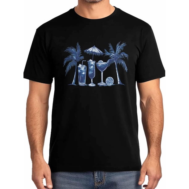 Camiseta de manga corta con estampado de palmera azul para hombre, cuello redondo, temática playera de verano.