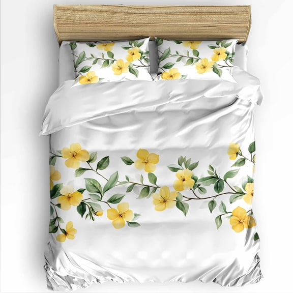 Spring Pastoral Floral Twin Size Comforter Set, Watercolor Yellow Flowers Soft Bedding for All Seasons, 4 Pcs Bed Set with 1 Comforter (68"x86") ,1Sheet(66"x116"), 2 Pillowcases (19"x29")